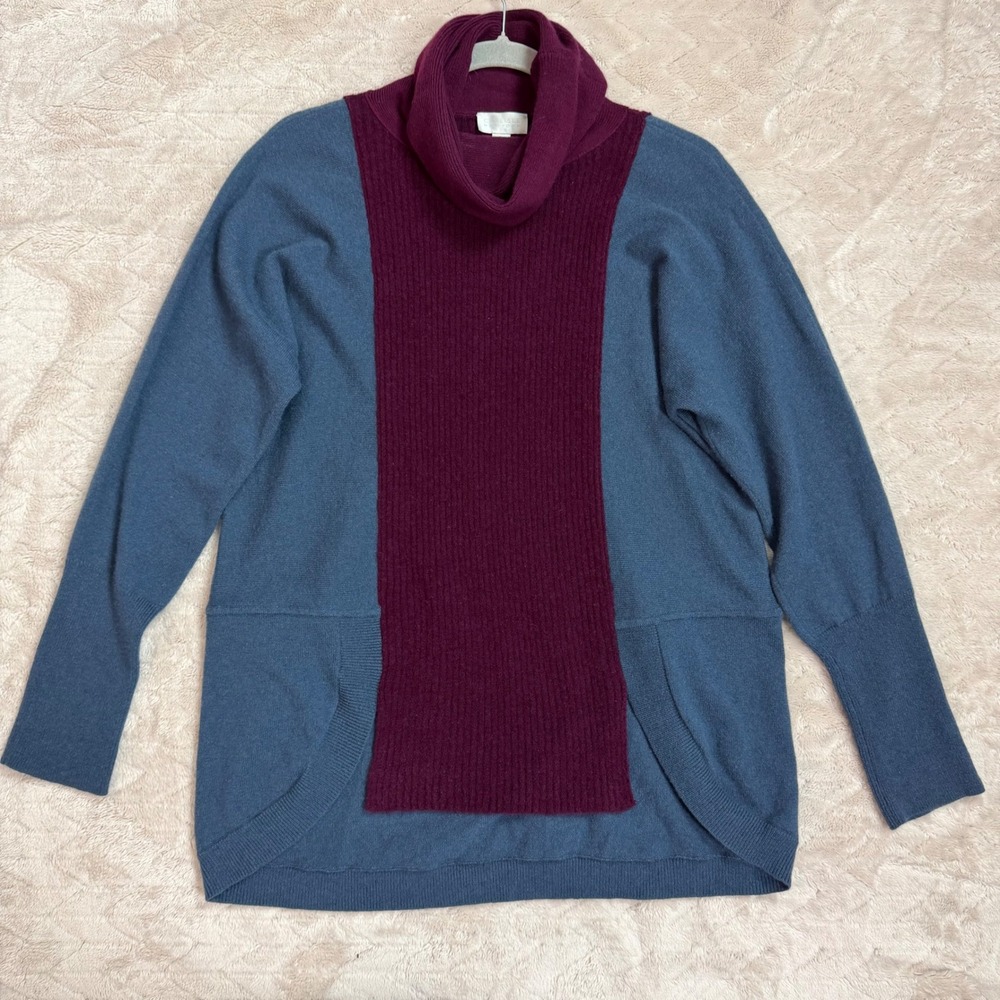 Carlisle New York Cashmere Merino Wool Colorblock Cowl Neck Sweater Blue Red L